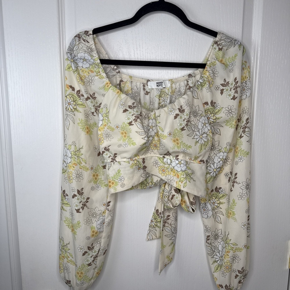 Madden NYC Womens L Floral Crop Top Puff Sleeve Tie Front 70s Cottagecore Cream